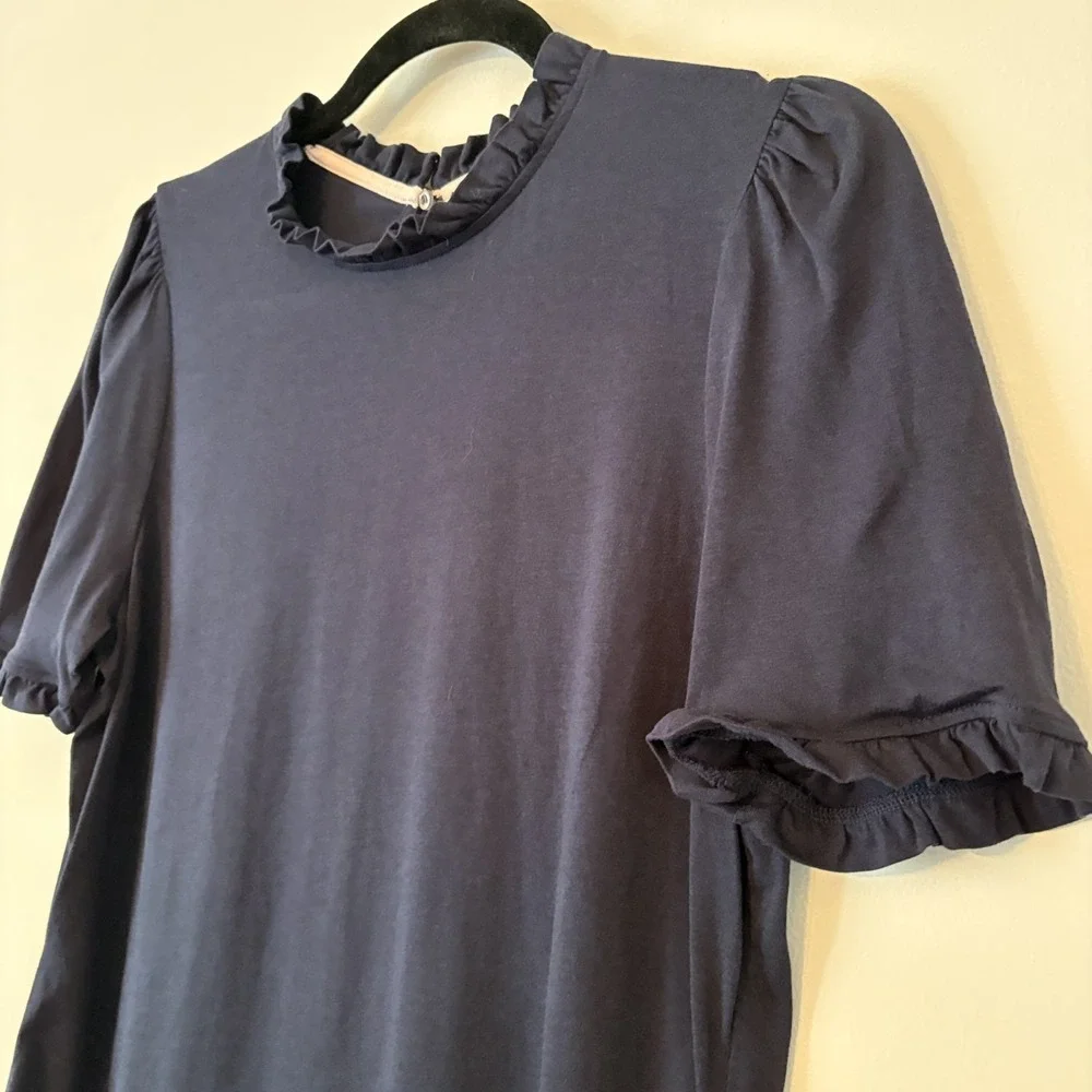 Boden Ruffle Neck Puff Sleeve Top Navy US 10 Stretch Modal Minimalist Boho